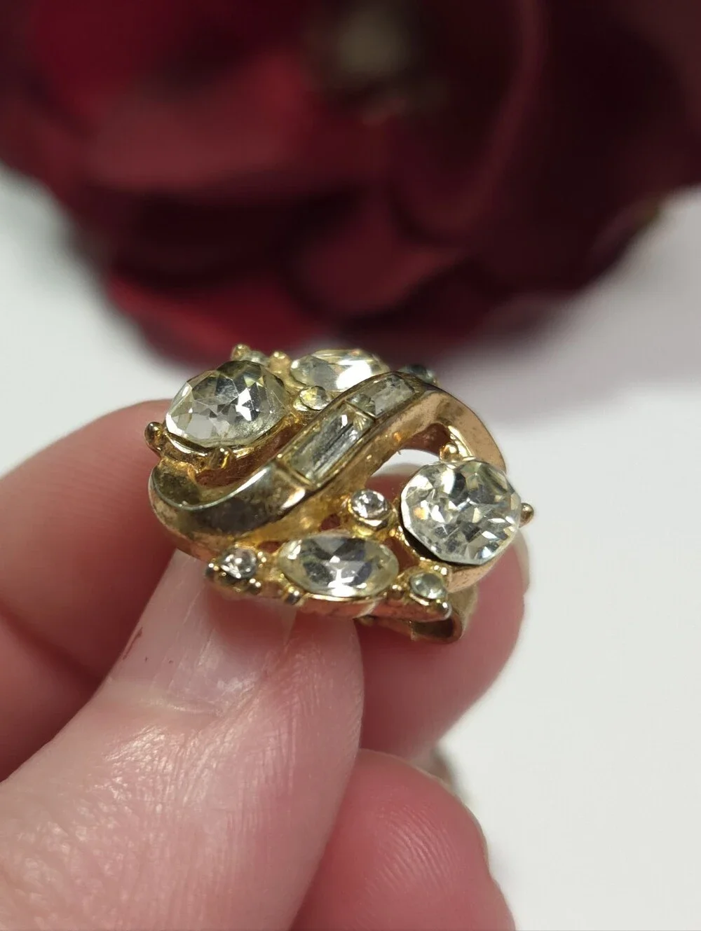 Vintage Trifari Gold Tone Swirl Crystal Earrings Clip on Statement Earrings